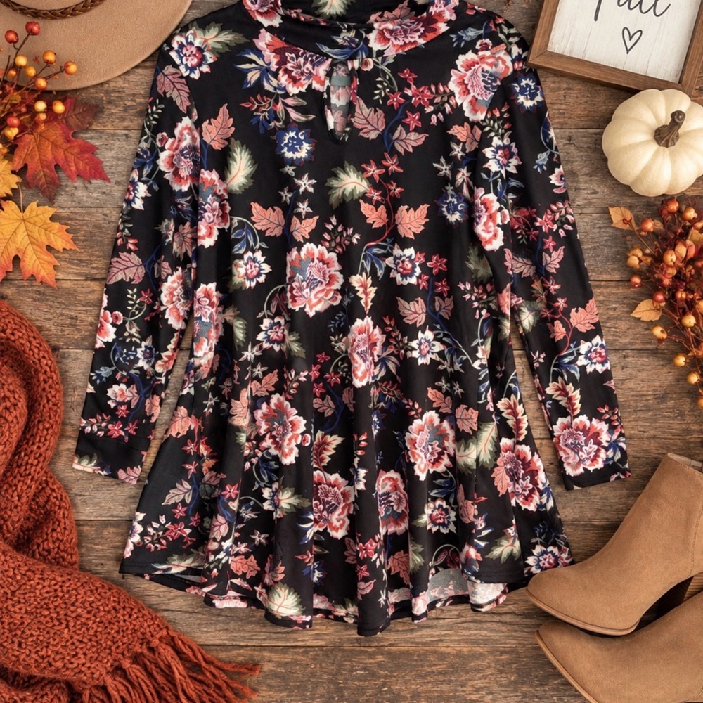 Cool Melon Long-Sleeve Floral Keyhole Dress in Black with Pink Accents